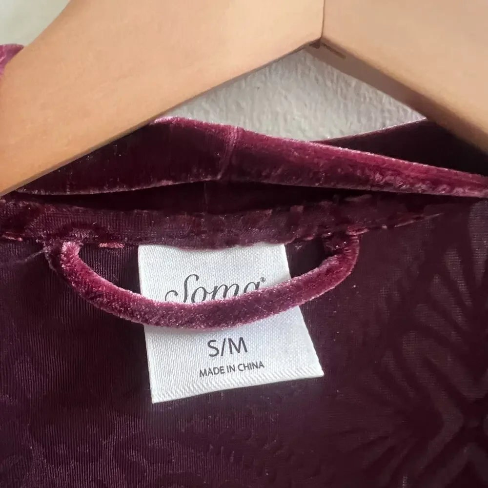 Soma Burnout Pajama Set Women's S/M Merlot Velvet Open Front Luxury Loungewear